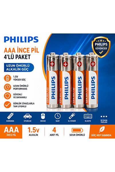 Philips AAA İnce Pil 4’lü Paket – Uzun Ömürlü Alkalin Güç