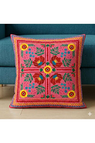 fdm desıgn Etnik Çiçek Motifli Çift Taraf Baskılı Kırlent Kılıfı 43x43 Pembe