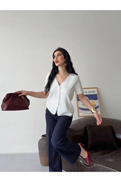 EAS GİYİM Women's V-Neck Lace Buttoned Short Sleeve Cardigan