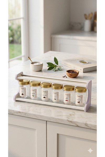 Dia 6-Piece Glass Spice Rack Set / Wooden Shelf with Labels & Wooden Stand