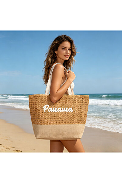 KMT Geantă Tote de Plajă din Paie Țesută cu Broderie „Panama”, Dimensiuni 50×...