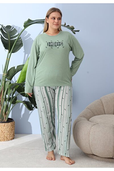 lindros Women's green plus size pajamas, Awesome print, 100% cotton