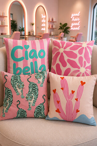stellahomes Modern Dekoratif Kırlent Kılıfı Seti 4'lü Pop Art Çiçek Kaplan Ka...