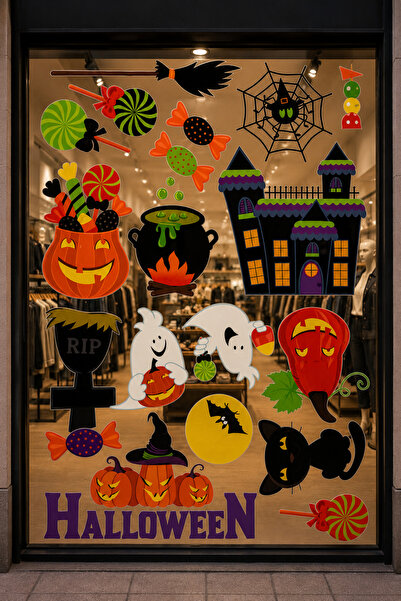PARTİPORT Halloween Cam Sticker Cadılar Bayramı Vitrin Cam Süsü Renkli Dekora...