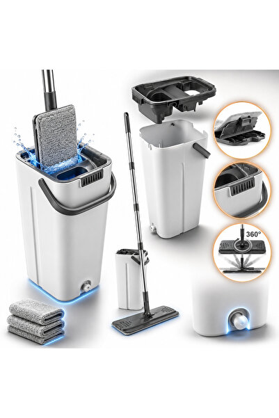 Ruhhy Mop plat cu storcător, găleată de 8,5L cu 2 compartimente, storcător și...