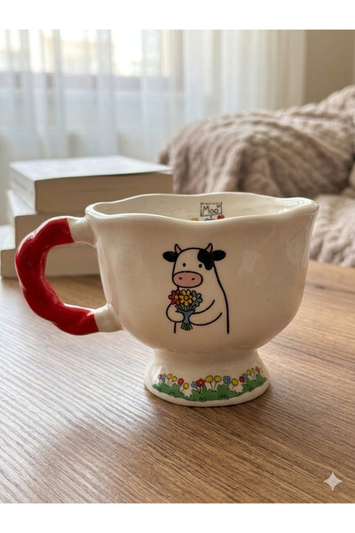 PALTO TASARIM Cow Holding Flowers Printed Handmade Cream Glossy Ballerina Mug...