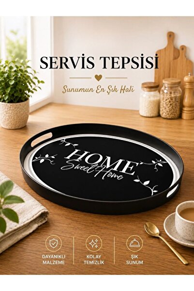 Galeriyo Home Sweet Home Desenli Oval Servis Tepsisi Siyah