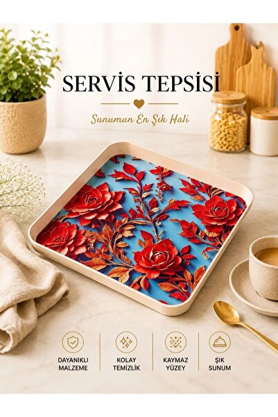 Galeriyo Kırmızı Çiçek Desenli Kare Büyük Boy Servis Tepsisi