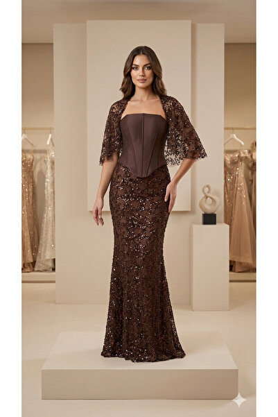 renk abiye Sequined Fish Tail Evening Dress with Corset Detail