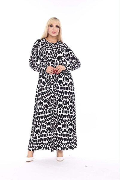 kısmet sepeti Women's Plus Size White and Black Stone Patterned Viscose Combe...