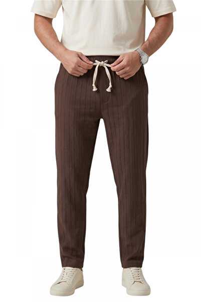 Rizz up Men's Brown Striped Textured Relaxed Fit Summer Sports Trousers – Lig...