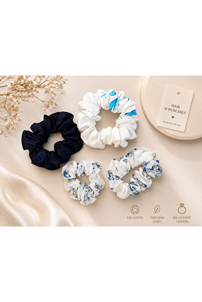4'lü Desenli ve Düz Kumaş Scrunchie Toka Seti – Saç Dostu Lastik Toka