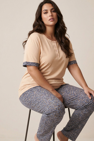 Siyah İnci Nude-Colored Patterned Large Size Oversized Viscose Knitted Pajama...