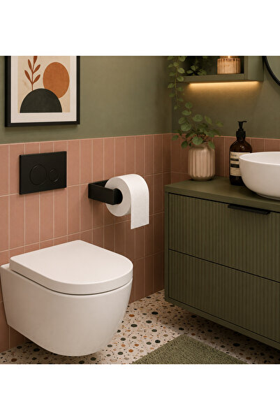 YDGR Siyah Metal Tuvalet Kağıtlığı Yapışkanlı – Modern Banyo WC Kağıtlık