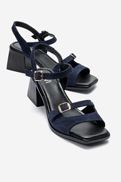 LuviShoes Sandale de damă YOLEN, albastru marin, din piele naturală, cu toc gros