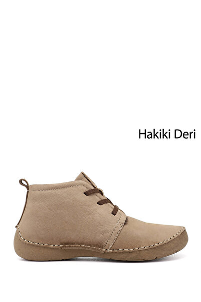 GÖNDERİ(R) Women's Cream Nubuck Lace-Up Genuine Leather Comfort Boots
