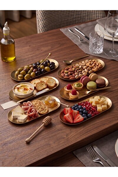 FARALYAHOME 6'Lı Gold Oval Metal Sunum Tabağı ve Meze Tabağı - 10x26 cm