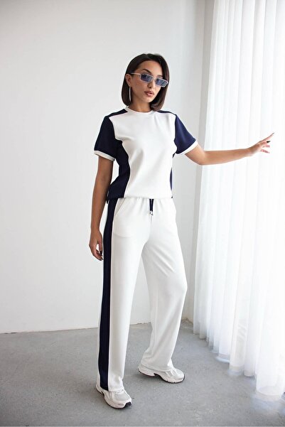 NEW JOURNAL Women's Navy Blue Garnished Elastic Waist Top and Bottom Set Nh26133
