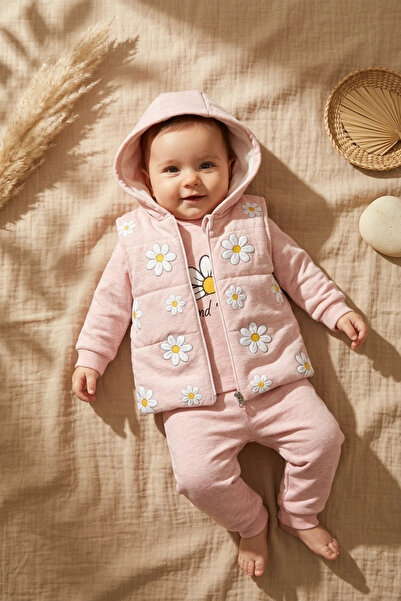 Babydonat Kız Bebek Somon Papatya Desenli 3'lü Takım - Kapüşonlu Şişme Yelek,...