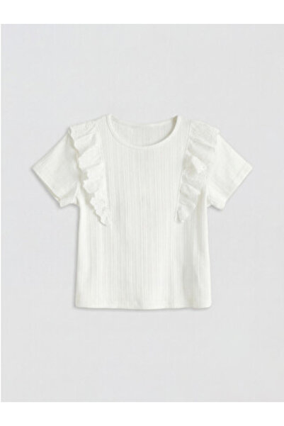 LC Waikiki New Season White Crew Neck T-Shirt with Ruffle Detail for Girls