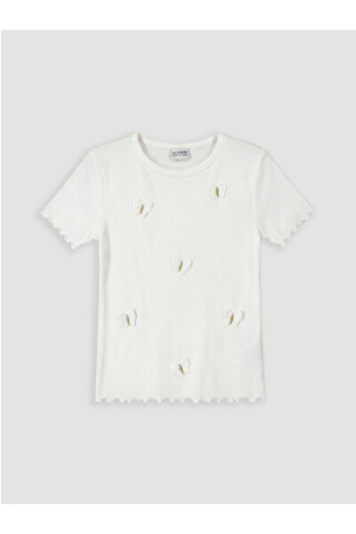 LC Waikiki New Season Ecru Crew Neck Embroidered Girls' T-Shirt