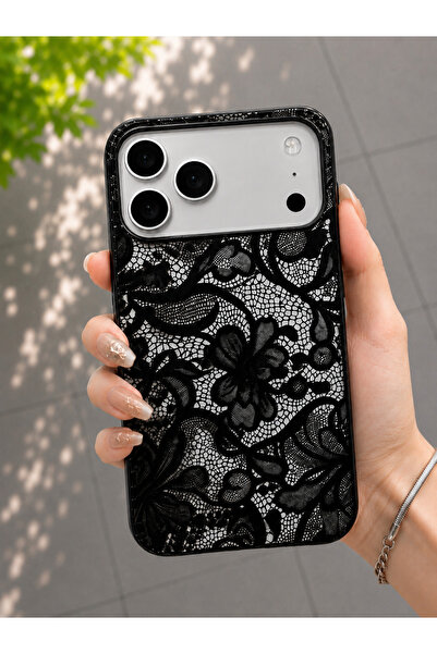 OVADA İphone 17 Pro Max Uyumlu Siyah Dantel Desenli Telefon Kılıfı