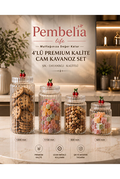 Kitchen Pembelia 4’lü Kiraz Detaylı Cam Saklama Kavanoz Seti Bakliyat Baharat...