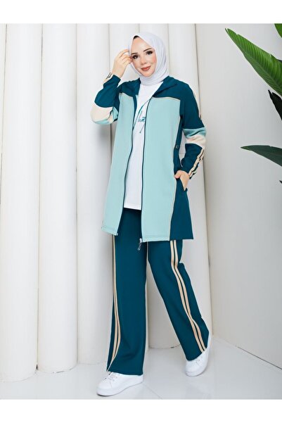 moda4b Women's 3 Piece Set Zippered Long Jacket Blouse and Wide Leg Pants Dou...