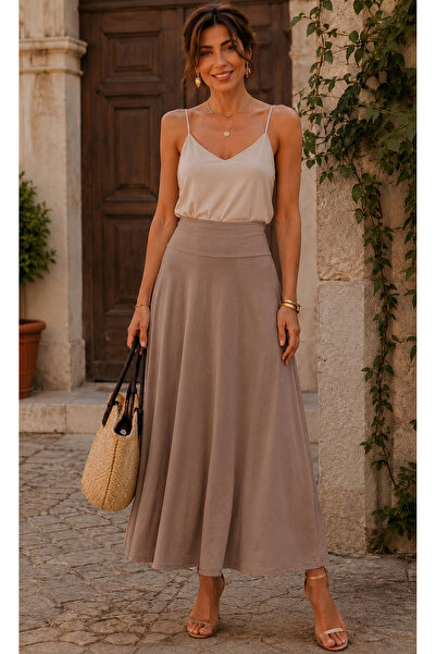 STYLENEST Kadın Bej Yüksek Bel Çan Kesim Uzun Etek Lastikli Bel Rahat Kalıp M...