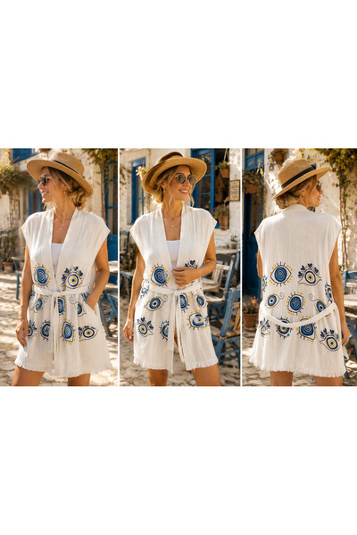 Store Kadın Müslin Kimono Nazar Boncuğu Desenli Kuşaklı Plaj Kimonosu Pareo Ekru