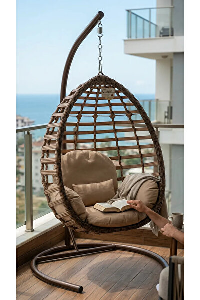 DEMHARİS Tek Kişilik Rattan Gümbet Bahçe Salıncağı Minderli Balkon Teras Salı...