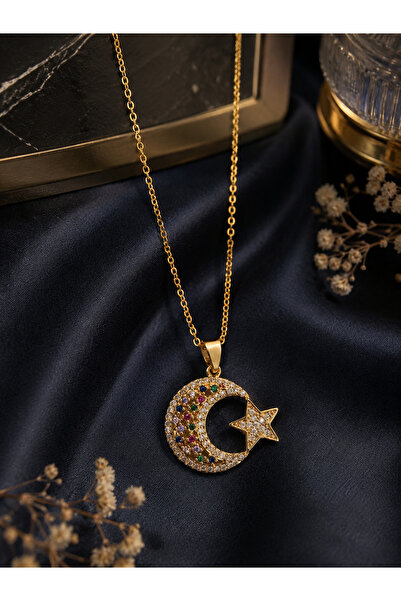 Sylvera Shop Colorful Stone Moon Star Steel Necklace (Gold Color)