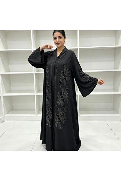 Bleco Stand Collar Heavy Floral Embroidery Wide Sleeve Long Robe, Draped Loos...