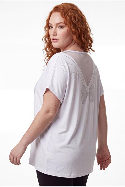 Ebsumu Women's Plus Size White Blouse with Tulle Detail on the Back and Stones