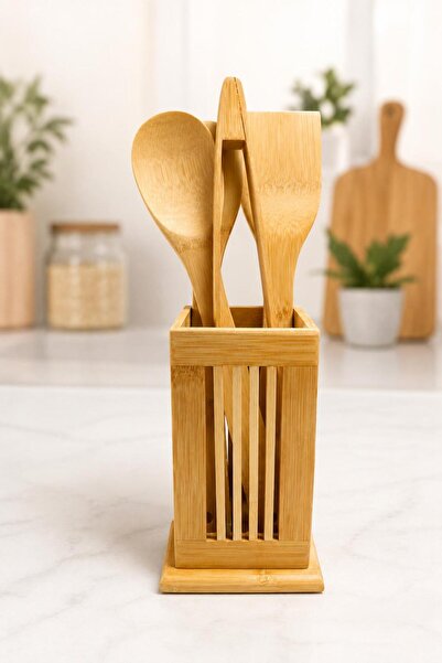 İLİVA Natural Bamboo Kitchen Set 5 Pieces with Stand Spoon Holder Serving Ute...