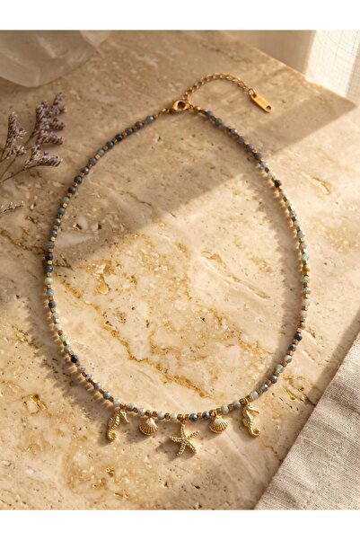 Meneva Aksesuar Gold Color Steel Combination Necklace with Kyanite Natural St...