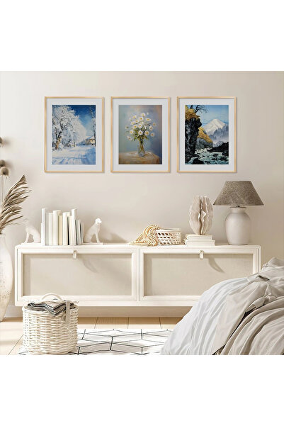 KOLAJTASARIM Set de picturi din 3 piese Winter Sun Daisy Peak, cu rame din le...
