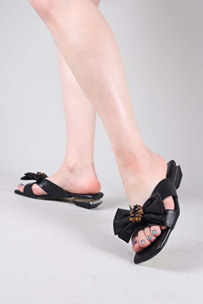 Birikon Linia Bowknot Stone Beaded Heeled Slippers Black