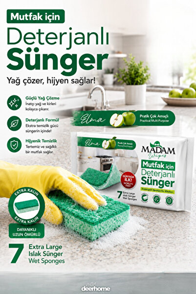 MCA Deerhome Mutfak İçin Pratik Çok Amaçlı 7'lı Deterjanlı Sünger -1 Pakette ...