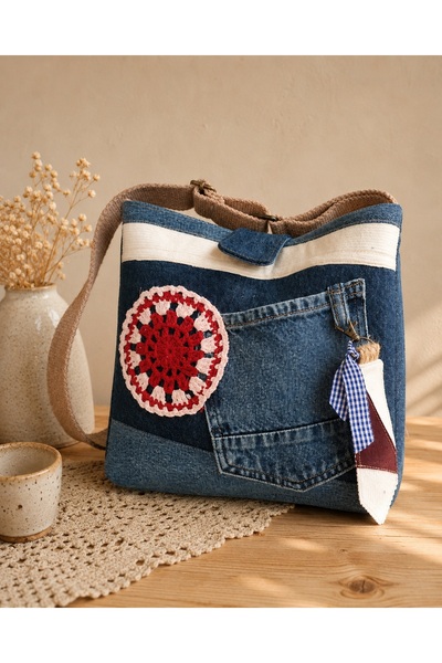 yaseminhandmade Nakış Motifli El Yapımı Kot Omuz Çantası
