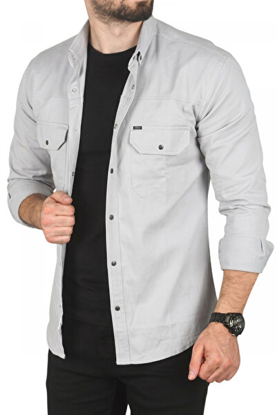 DeepSEA Men's Light Gray Large Size Optional Lycra Gabardine Sports Shirt – S...