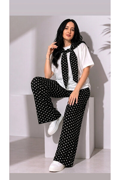 Myawomenswear Kadın Siyah Beyaz Puantiyeli Likralı Premium Pantolon Tişört Takım