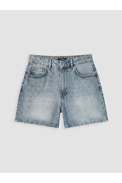 LC Waikiki Nevavm High Waist Stoned Women's Jean Shorts with Difference