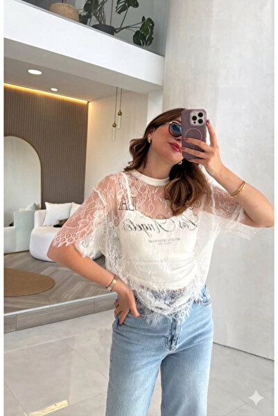 STYLE STOP Women's Oversize Lace Tulle Detailed Printed T-Shirt