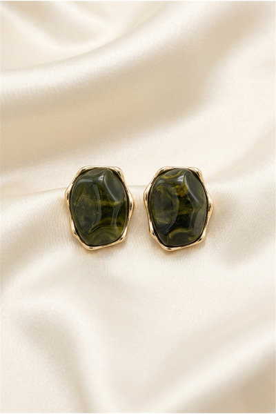 Pelin Aksesuar Khaki Green Gold Color Framed Geometric Stylish Earrings