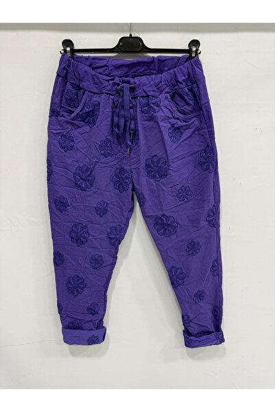 della moor Women's Lilac Italian Floral Embroidered Waist Tie Lycra Skinny Le...