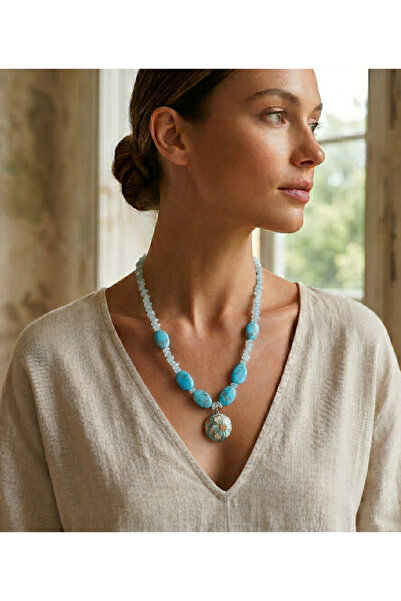 Retrovy Store Vintage Necklace with Natural Turquoise and Aquamarine Stones
