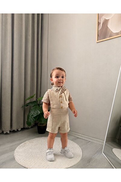 favorimkids Krem Erkek Bebek Çocuk Kısa Kollu Kısa Paça Salopet Takım Pötikar...