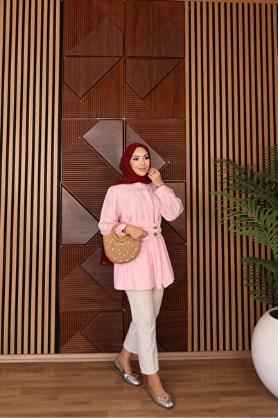 DEFNECE BUTİK Wide Belted Poplin Shirt - Pink