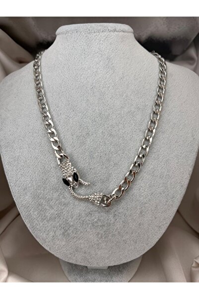 ZS Aksesuar Zircon Stone Snake Figured Chain Necklace Silver Color Thick Chai...